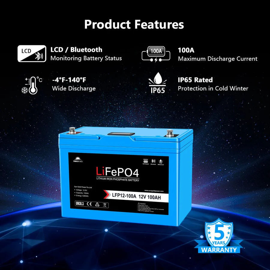 12V 100AH LiFePO4 Deep Cycle Lithium Battery / Bluetooth /Self-heating / IP65 | 4 units
