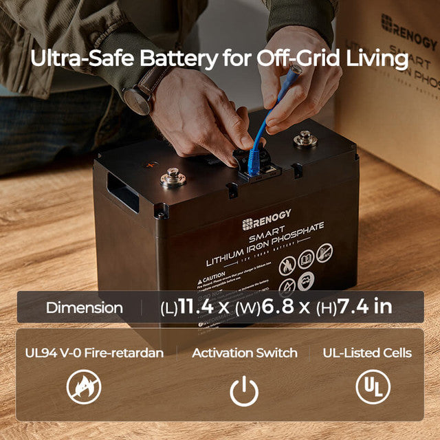 12V 100Ah Smart Lithium Iron Phosphate Battery & BT-2 & Renogy ONE Core