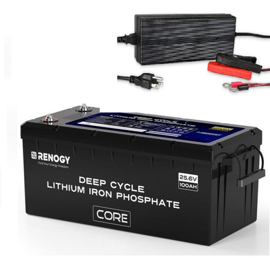 Deep Cycle 24V 100Ah Core lithium battery with self-heating function with 24V 10 AC to DC Lithium battery charger