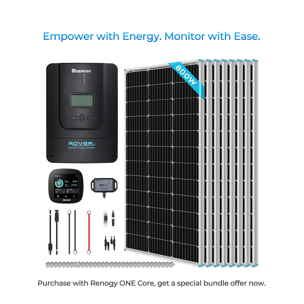 800W 12V/24V Monocrystalline Solar Premium Kit w/Rover 60A Charger Controller w/Renogy ONE Core