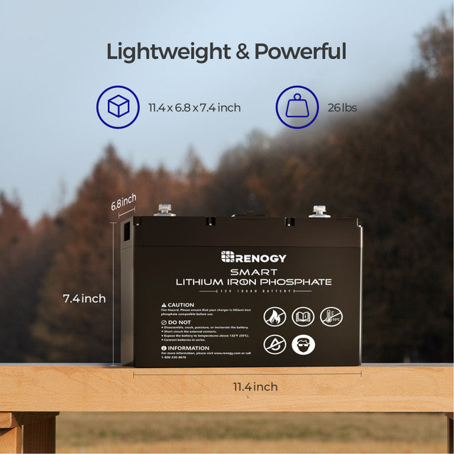 12V 100Ah Smart Lithium Iron Phosphate Battery and battery monitoring screen