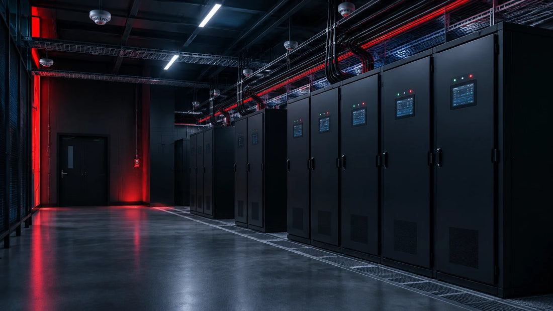 Dedicated UPS battery room with separated cabinets, monitoring, and fire-protection infrastructure in a modern data center