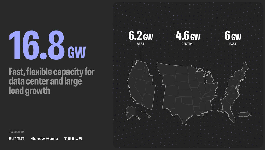 16.8 GW virtual power plant capacity map across the United States from Sunrun, Renew Home, and Tesla