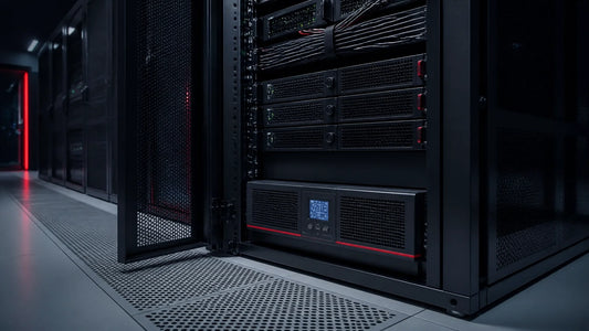 Rack-mounted UPS installed low in a professional data-center server rack with organized airflow and cable management