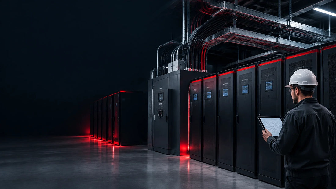 Electrical engineer reviewing an energy storage system installation in a data center power room