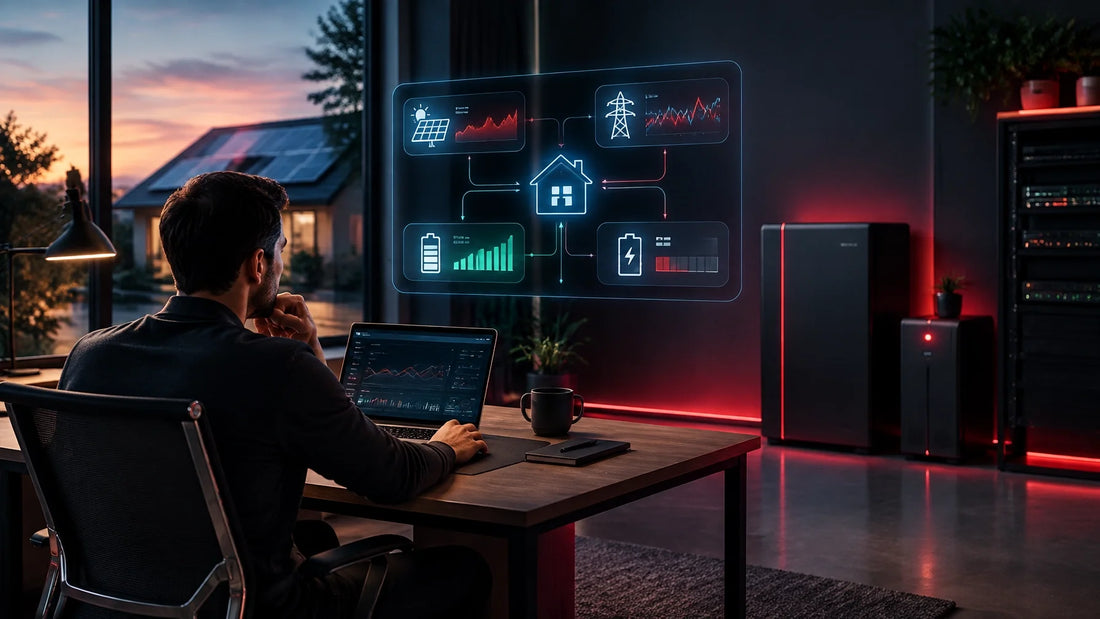 AI-powered home energy management system coordinating solar panels, home battery storage, and backup power for a remote worke