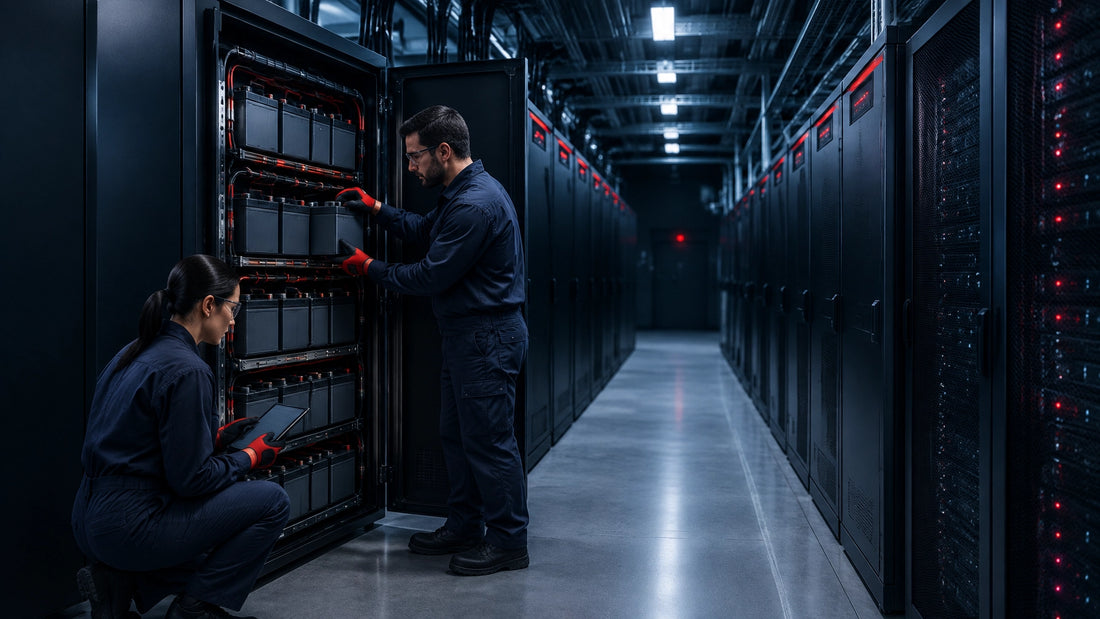Technicians performing planned UPS battery service beside server racks in a commercial data center