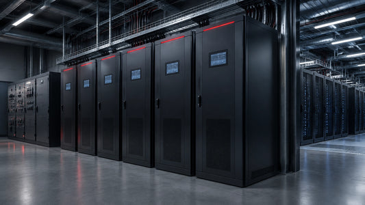 Modern data-center UPS room with modular UPS cabinets, switchgear, and server racks
