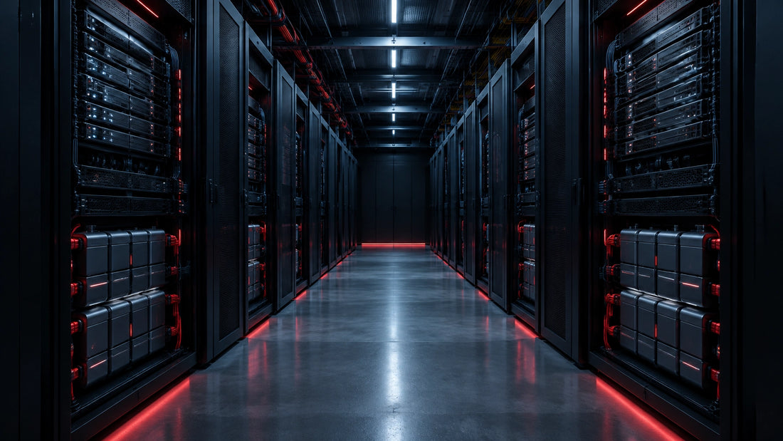 AI data center aisle with integrated rack-level battery energy storage units
