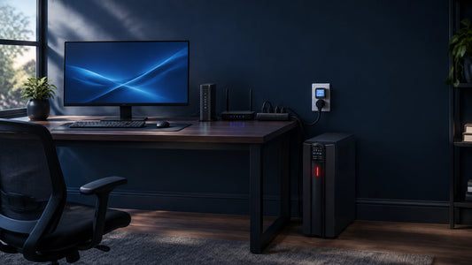 Home office workstation with a plug-in power meter measuring a computer load beside a UPS