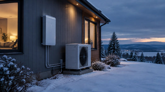 Modern home with an outdoor heat pump and professionally installed home battery backup system