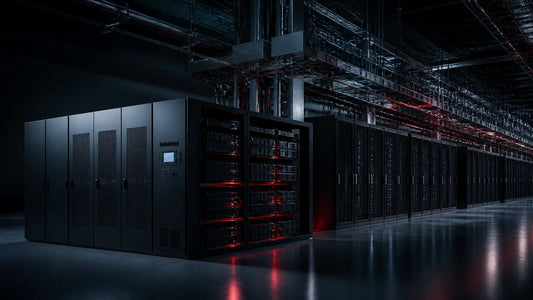 High-density AI data center aisle with modular UPS and battery infrastructure