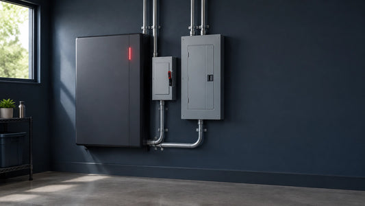 Professionally installed whole-home battery backup system in a residential utility area with tidy conduit work