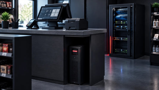 Small retail checkout counter with a point-of-sale terminal and compact UPS beneath