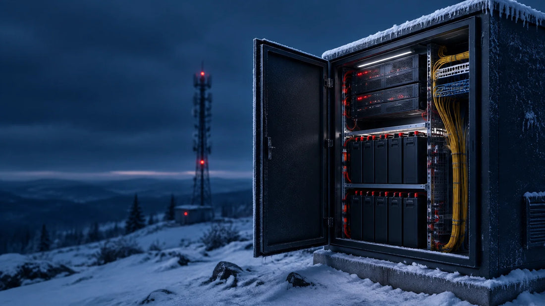Outdoor telecom equipment cabinet with sodium-ion battery backup operating in a snowy remote site