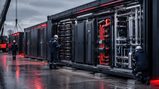 Modular data center pods under construction with integrated high-density battery modules, UPS equipment, and liquid-cooling i