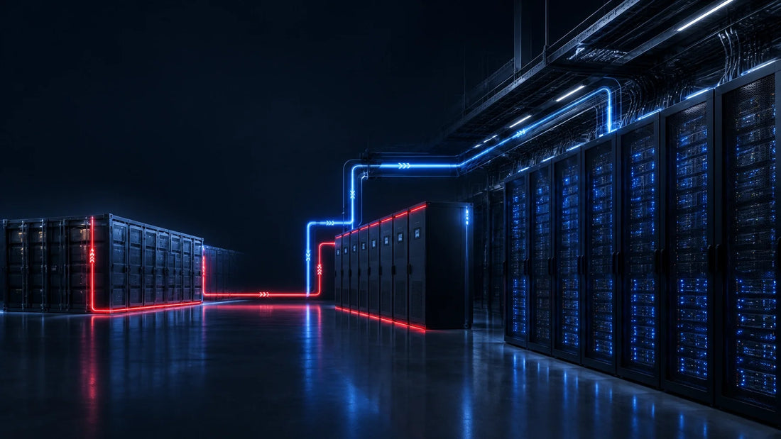 AI data center power orchestration showing UPS cabinets, battery energy storage, and GPU server racks