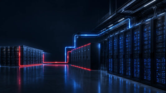 AI data center power orchestration showing UPS cabinets, battery energy storage, and GPU server racks