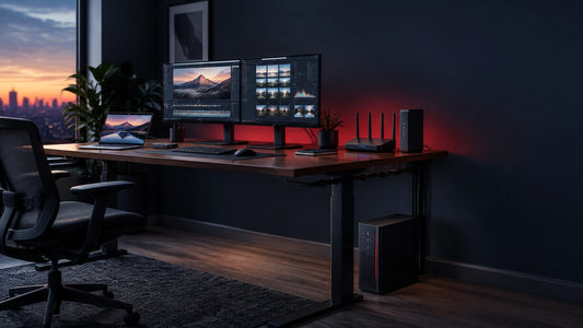 Dedicated home office with a dual-monitor workstation, laptop dock, router, and UPS