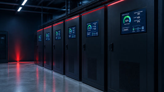 Data center battery room with monitoring displays showing cycling, state of health, and real-time power flow