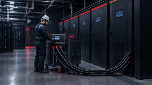 A qualified technician conducting a controlled UPS load bank test beside UPS cabinets in a data center.