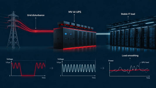 Technical illustration of a medium-voltage AI UPS protecting a data center from grid disturbances