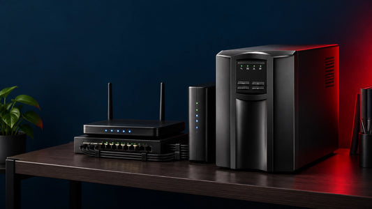 1500VA tower UPS beside a home-office networking stack