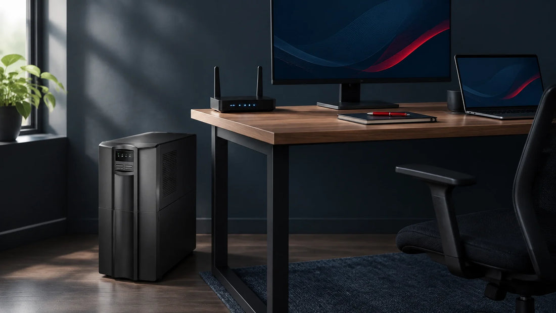 Compact UPS beside a home office workstation for power protection troubleshooting