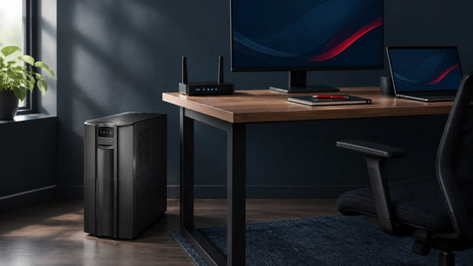 Compact UPS beside a home office workstation for power protection troubleshooting