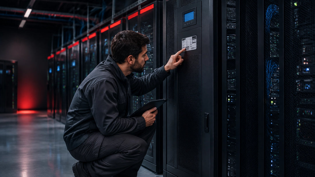 Technician checking the model and serial number on a rack-mounted UPS in a professional IT environment