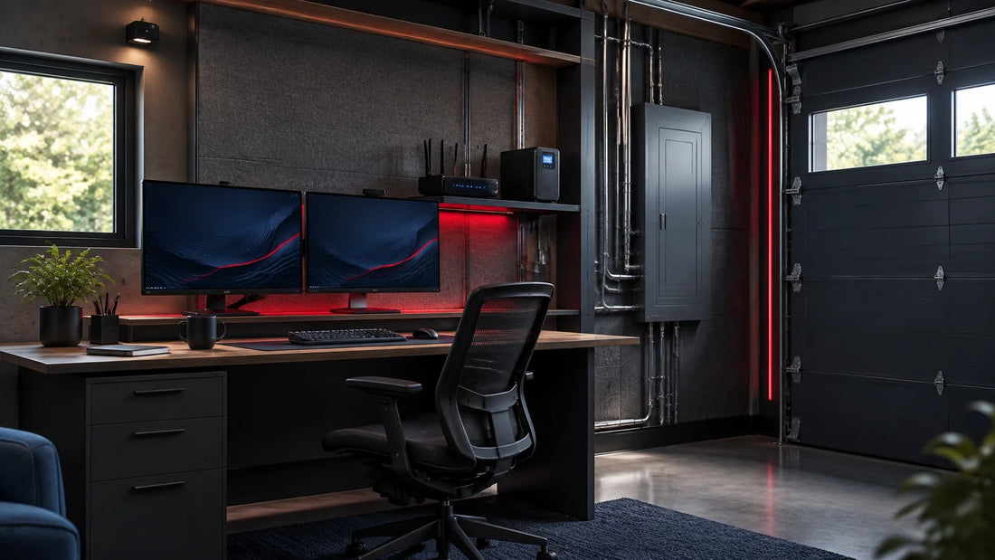Modern detached garage converted into a protected home office with a workstation, network equipment, and UPS