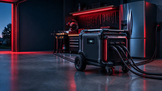 BLUETTI Pioneer 5000-style battery e-generator powering tools and home equipment