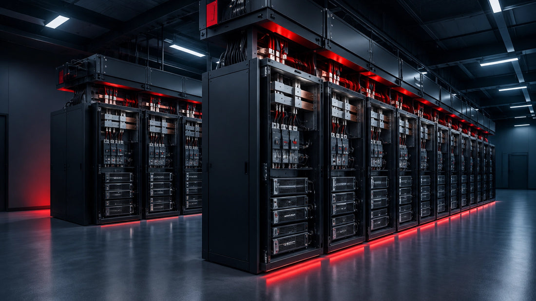 Modern data center UPS hall with compact doorless UPS cabinets and clean switchgear
