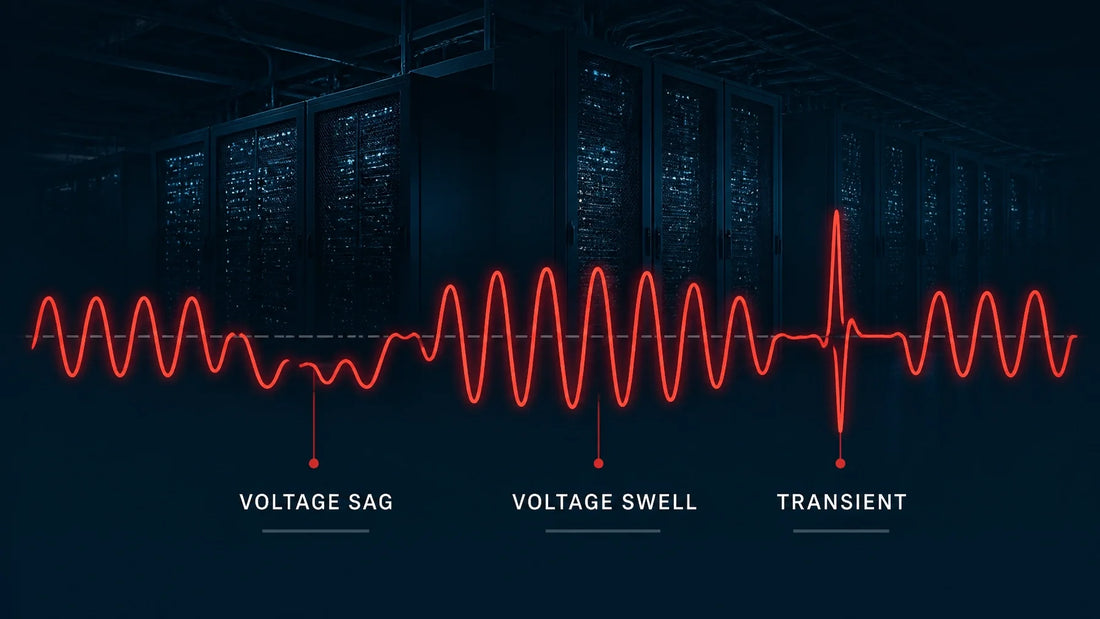 Technical illustration of voltage sags, swells, and transients in a data center environment