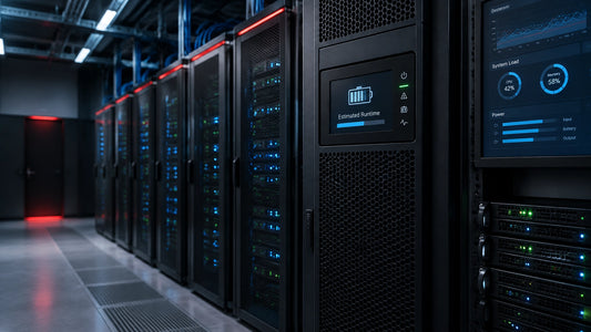 Server-room UPS display and monitoring screen showing battery status and a runtime estimate