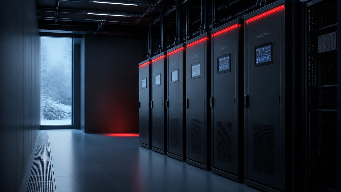 Dark enterprise server room with UPS battery cabinets and a subtle winter atmosphere