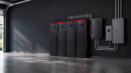 Wall-mounted whole-home battery backup system installed in a clean residential garage