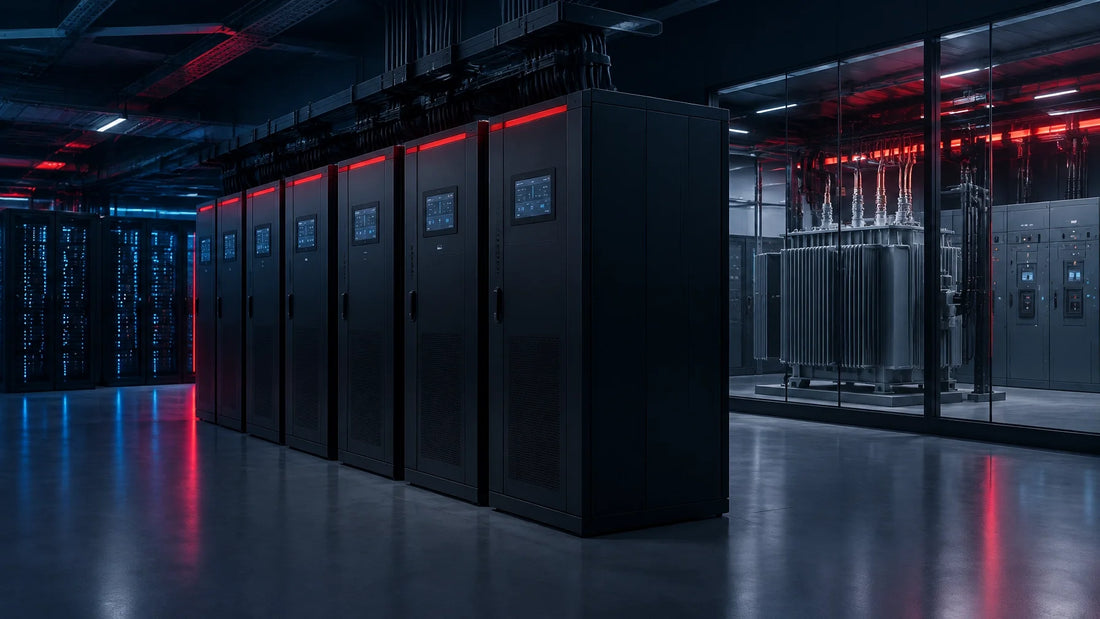 AI data center power infrastructure with modular UPS cabinets, battery storage, medium-voltage distribution equipment, and se