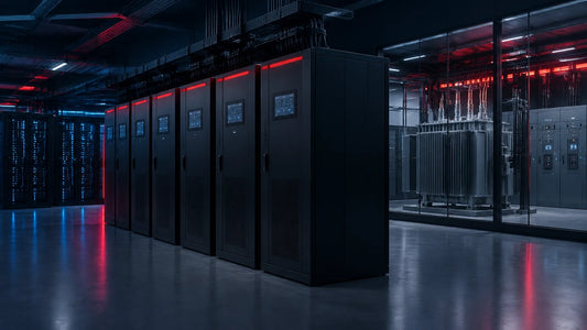 AI data center power infrastructure with modular UPS cabinets, battery storage, medium-voltage distribution equipment, and se