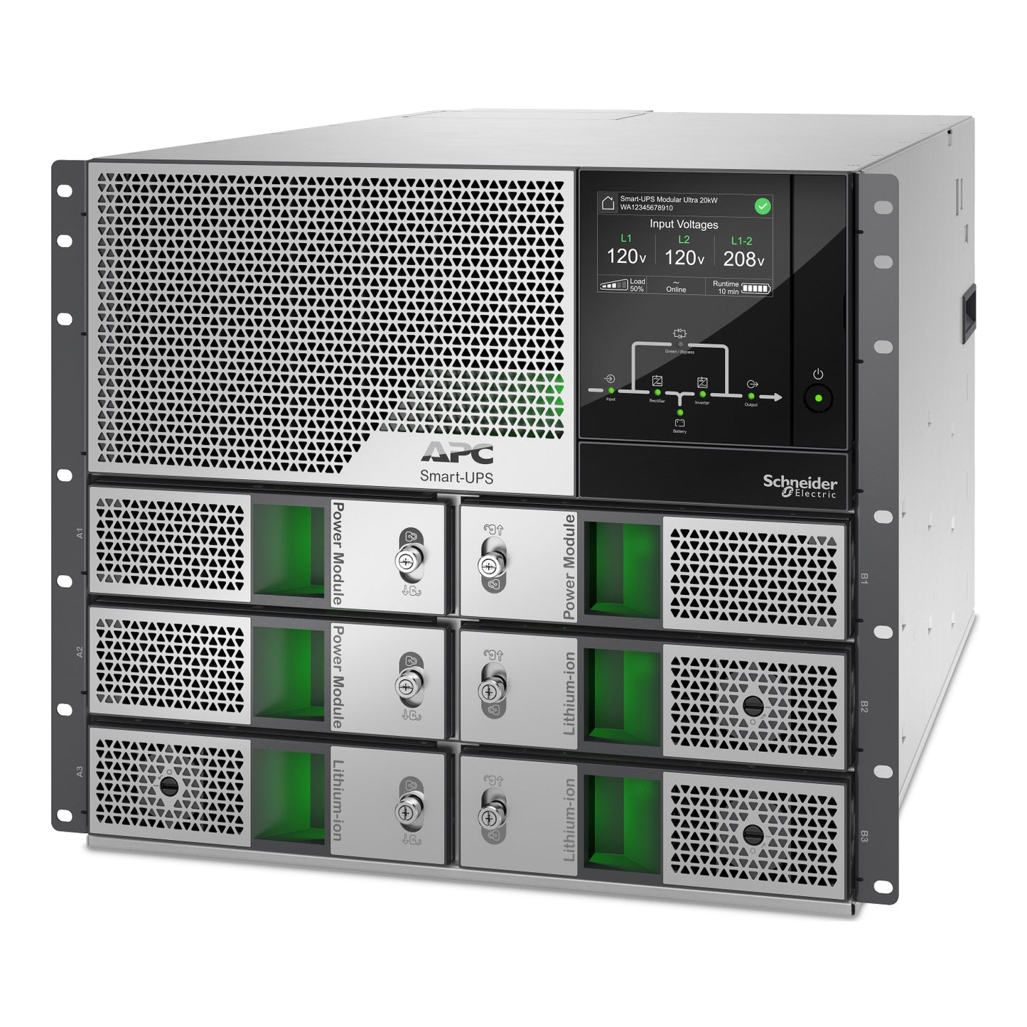 APC Smart-UPS Modular Ultra, On-Line, 15kW scalable to 20kW N+1, Lithium-ion, Rackmount 9U, 208/240V, Network Management, Extended runtime, W/rail kit