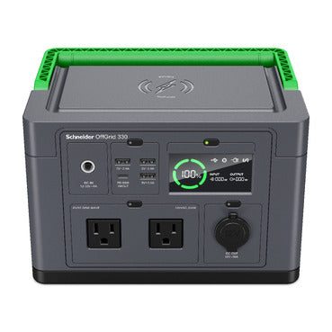 Schneider OffGrid Portable Power Station 330, 120V, 332Wh Lithium-ion, LCD, 2 NEMA, Sinewave, 3 USB-A, 1 USB-C, Wireless Charger