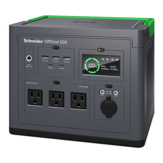 Schneider OffGrid Portable Power Station 500, 120V, 517Wh Lithium-ion, LCD, 3 NEMA, Sinewave, 3 USB-A, 2 USB-C, Wireless Charger