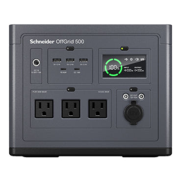Schneider OffGrid Portable Power Station 500, 120V, 517Wh Lithium-ion, LCD, 3 NEMA, Sinewave, 3 USB-A, 2 USB-C, Wireless Charger